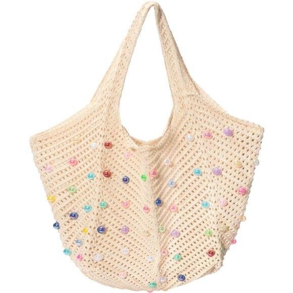 Handbags - Boho Crochet Beach Tote Bag for Women, Beige